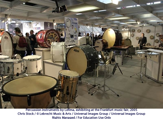 
Percussion instruments by Lefima, exhibiting at the Frankfurt music fair, 2005
Chris Stock / © Lebrecht Music & Arts / Universal Images Group / Universal Images Group
Rights Managed / For Education Use Only